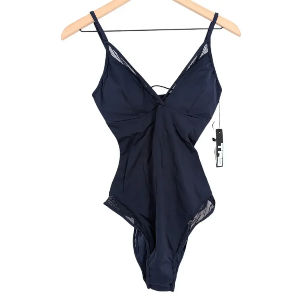 TA3 Midnight Plunge Mesh Contour Lace Up One Piece NWT Small X Long